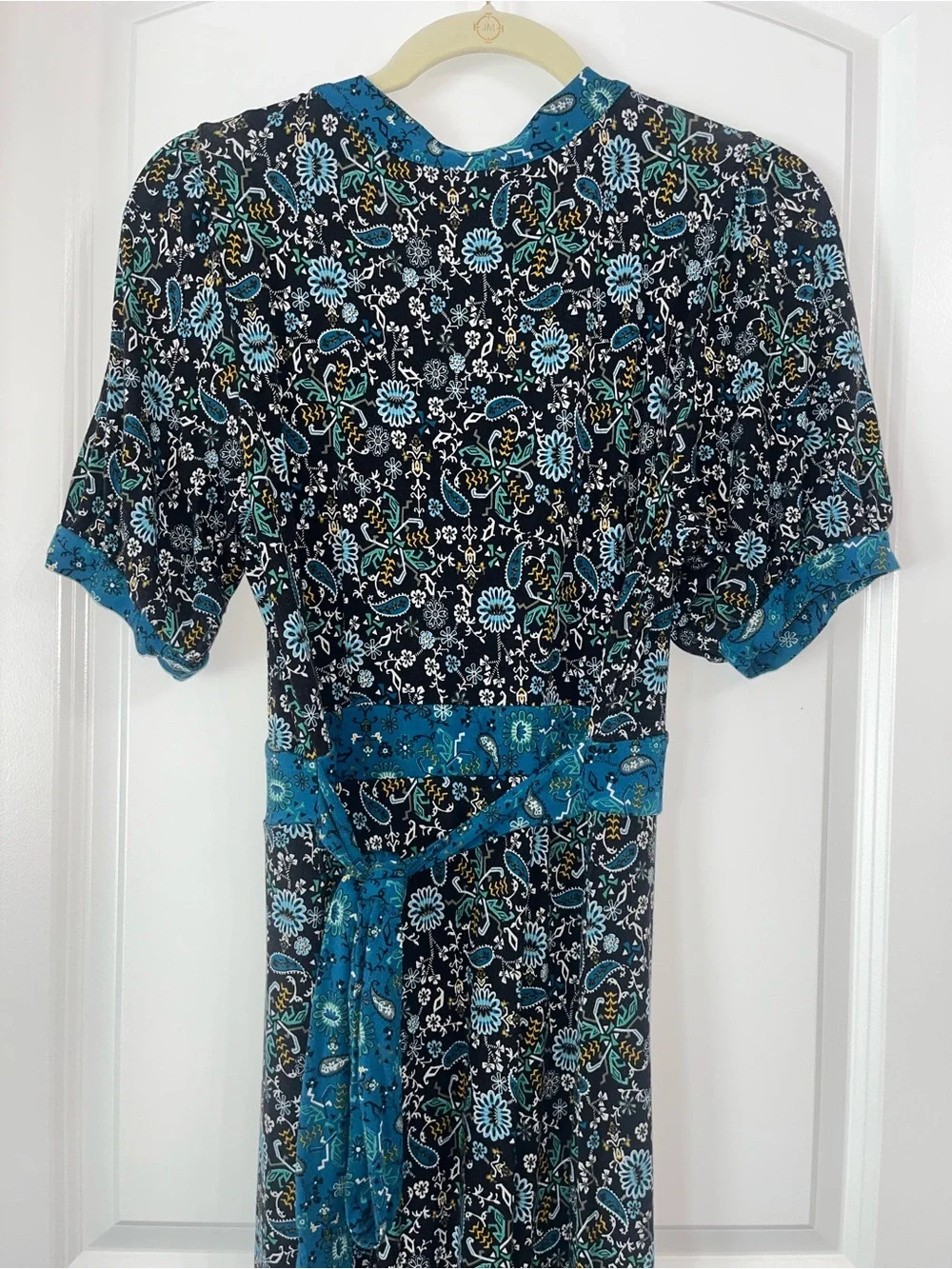 LOFT Teal Blue and Black Floral Maxi Dress Paisley Details V Neck Medium - Picture 7 of 9